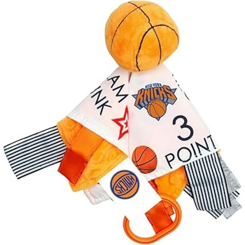 The Learning Lovey New York Knicks Baby Tag Toy - NBA Basketball - Baby Sensory Crinkle Toys - Soft & Safe - Ideal Baby Stroller Toy - BPA Free w/Stroller Clip