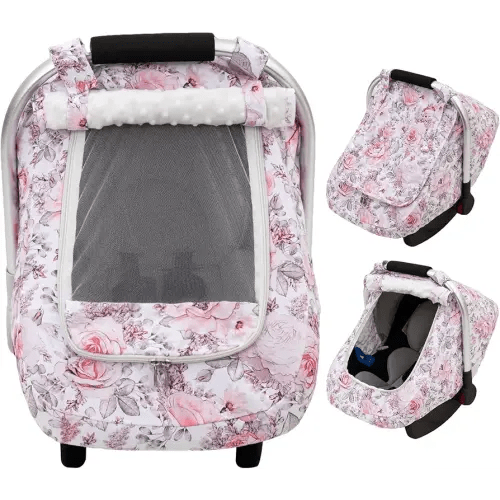 Car Seat Cover Baby Girls, Mink Dot Carseat Covers for Newborn with Breathable Mesh and Sun Shade Window, Warm Stretchy Infant Car Seat Canopy Snug Fit Baby Carrier, Stroller