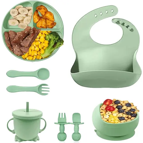 MAXTIL 8 Pcs Baby LED Weaning Supplies, Silicone Baby Feeding Set Silicone Suction Plates Adjustable Silicone Toddler Bibs Baby Plates and Bowls Set Suction Bowls Divided Plates