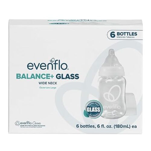 Evenflo Balance+ Glass Wide Neck Baby Bottles, Clear, 6 fl oz, 6 Pack