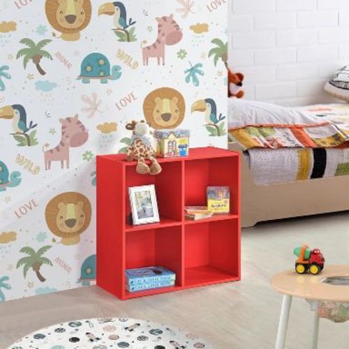 Kings Brand Furniture - 4 Cube Toy Storage Organizer Book Shelf, Kids Bookshelf Bookcase for Playroom, Bedroom, Nursery, Red
