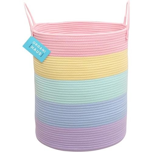 OrganiHaus Large Rainbow Woven Laundry Basket w/Handles 52L, Decorative Toy Storage Bin for Nursery, Colorful Blanket Basket for Playroom, Baby Laundry Hamper, Fun Kids Room Decor Organizer