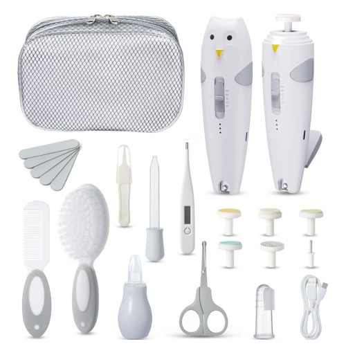 Lictin Baby Healthcare and Grooming Kit, 26 in 1 Rechargeable Nail Trimmer Electric Set,Safe File with Auto Light, Newborn Nursery Health Care Portable Safety Set for Infant Toddlers Boys Girls, Grey