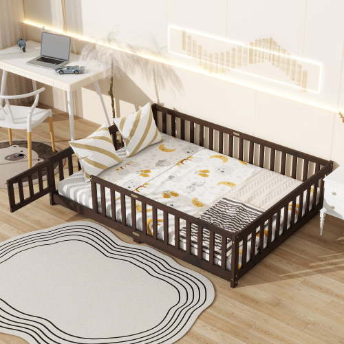 Full Size Kids Toddler Floor Bed with Door and Fence, UHOMEPRO Montessori Floor Bed with Slats and Safety Guardrails, Solid Wood Full Bed Frame for Bedroom, Espresso