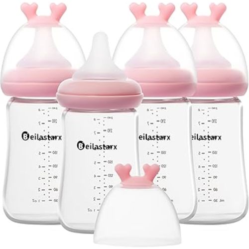 Glass Baby Bottles with Natural Response Nipple Size M - Anti Colic Baby Bottles Wide Neck Slow Flow Baby Bottle(Red, 8oz (Pack of 4))