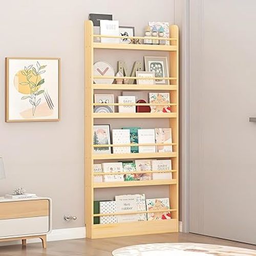 Book Shelf, Behind The Door Bookshelf, Wooden Kids Book Shelf 3/4/5/6 Tier, for Toys and Books, Space-Saving Wall Mount Narrow