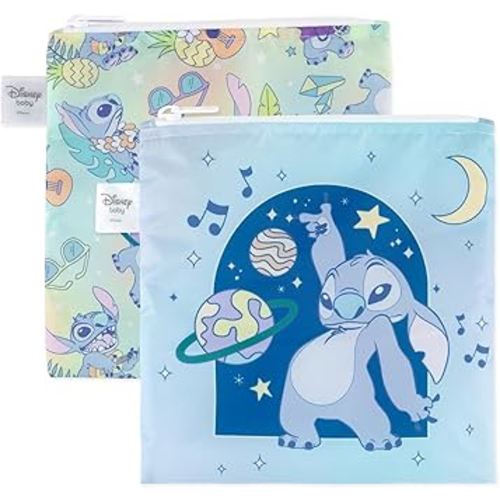 Bumkins Reusable Sandwich and Snack Bags, for Kids School Lunch and for Adults Portion, Washable Fabric, Waterproof Cloth Zip Bag, Travel Pouch, Food-Safe Storage, Large 2-pk, Disney Stitch