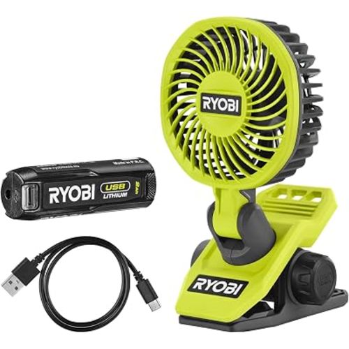 RYOBI - USB lithium fan (4 V, diameter 9 cm, 2 speeds, 120/90 rpm, head adjustable up/down and right/left, USB-C cable - 1 battery 4 V, 2.0 Ah, USB lithium, RCF-120G