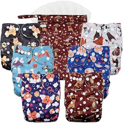wegreeco Cloth Diapers 6 Pack with 6 Inserts & 1 Wet Bag, Washable Cloth Diapers for Babies, One Size Adjustable Reusable (Little Dogs)