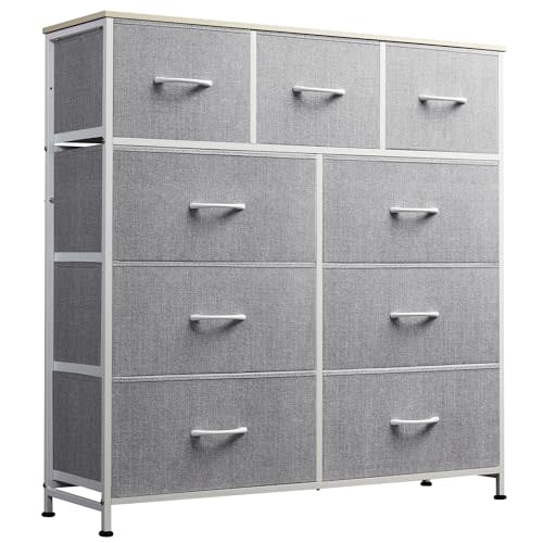 WLIVE 9-Drawer Dresser, Fabric Storage Tower for Bedroom, Hallway, Entryway, Closet, Tall Chest Organizer Unit with Fabric Bins, Steel Frame, Wood Top, Easy Pull Handle, Light Grey