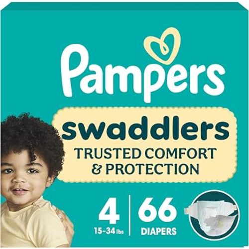 Pampers Swaddlers Diapers, Size 4 (15-34 lbs), 66 Count, Fragrance Free, Hypoallergenic, Absorbent, Pediatrician Recommended, Skin Safe (Packaging May Vary)