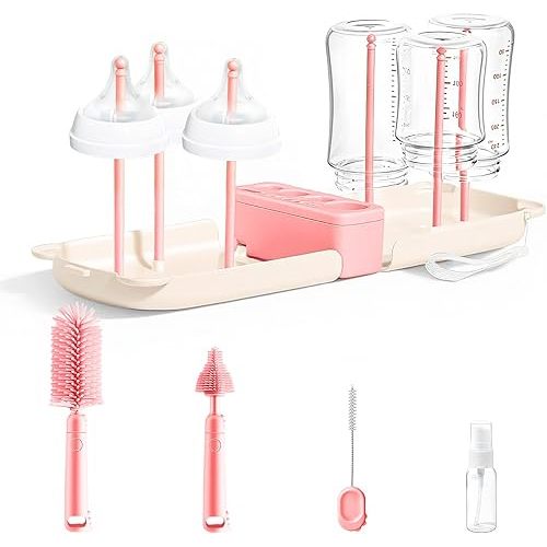 Portable 7-in-1 Baby Bottle Brush Set, Travel Cleaner Kit for Travel and Home, All-in-One Travel Baby Bottle Washing Kit: Integrated Cleaning & Drying System for Bottles and Breast Pump Parts (Pink)