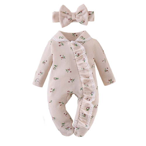 YEPGAR Preemie Girl Footed Zipper Romper Printed Long Sleeve Fall Cut Newborn Footie Pajamas Cotton Sleepers (A27 White, Newborn)