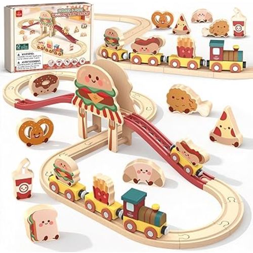 Lehoo Castle Wooden Train Set for Toddlers 2-4, Burger Theme Train Track Set Compatible with Major Brands, Expandable Wooden Railway Toy, Gift for Boys & Girls Ages 3-5