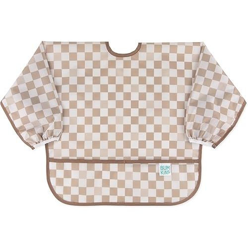 Bumkins Sleeved Bib for Girl or Boy, Baby and Toddler for 6-24 Mos, Essential Must Have for Eating, Feeding, Baby Led Weaning Supplies, Long Sleeve Mess Saving Food Catcher, Soft Fabric, Beige Check