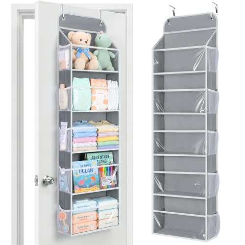 Yecaye 5-Tier Over the Door Organizer Hanging, 10 Side Pockets, Grey | 5 Clear PVC Windows, Anti-Sway Design, Tool-Free Installation, Stores Toys, Baby Essentials & Bathroom Supplies