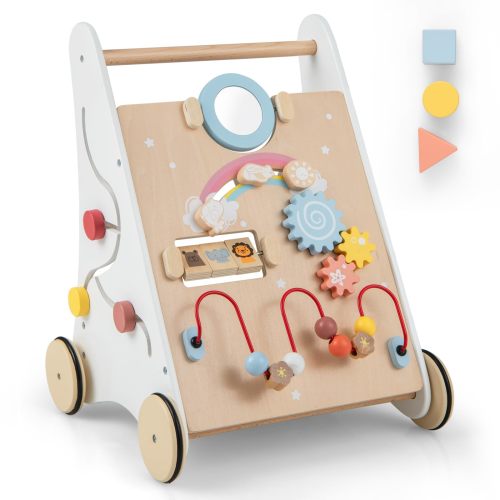 BABY JOY Wooden Baby Walker, Push and Pull Sit-to-Stand Walker Activity Center