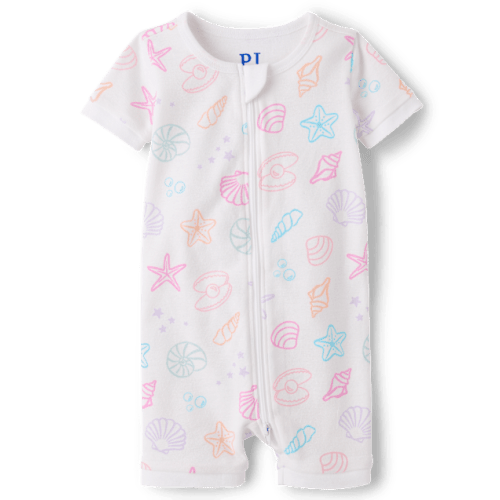 Baby And Toddler Girls Seashell Snug Fit Cotton One Piece Pajamas - White