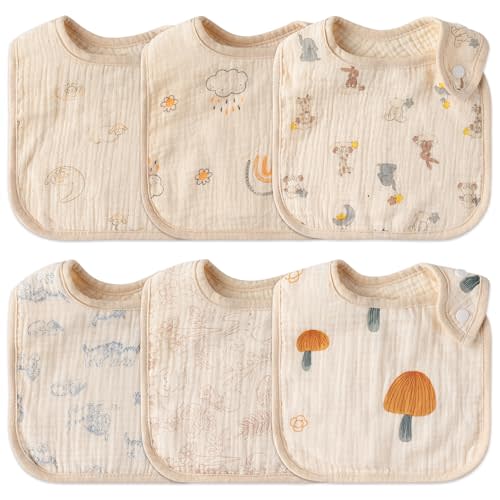 Zainpe 6Pcs Snap Muslin Cotton Baby Bibs Rabbit Bear Sheep Pattern Bandana Drool Cloths Soft Absorbent Adjustable Burp Cloth Feeding Bib for Newborns Girls Boys Toddlers Teething Eating 0 to 36 Months