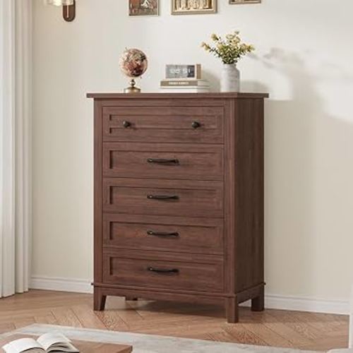 GarveeHome 5 Dresser for Bedroom, 41.3 in Tall Vertical Drawer Dresser with Large Storage, Freestanding Wooden Closet Chest for Bedroom, Living Room, Walnut