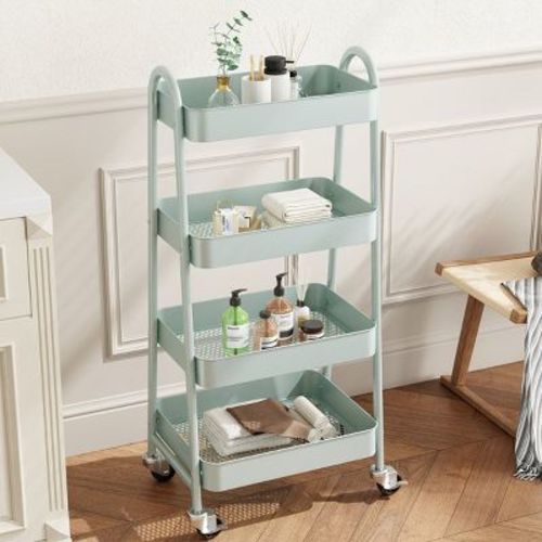 JIONJOY 4-Tier Metal Rolling Utility Cart, Mobile Storage Organizer with Lockable Wheels & Handles, Mesh Basket Trolley for Kitchen Bathroom Office
