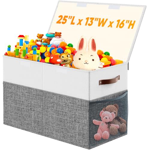 Large Toy Storage Box with Lid Divider, Sturdy Collapsible Toys Organizer Chest Kids Storage Bins Boxes Baskets for Boys, Girls, Nursery, Bedroom, Living Room, Playroom, 25"x13"x16", Gray and White