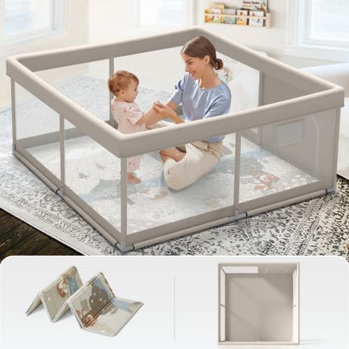 Playpen with Mat, Beige Baby Playpen with Mat, 47x47inch Play Pen with Mat for Babies and Toddlers, Small Baby Playpen with Mat, Small Baby Playpen for Apartment, Play Yard for Babies