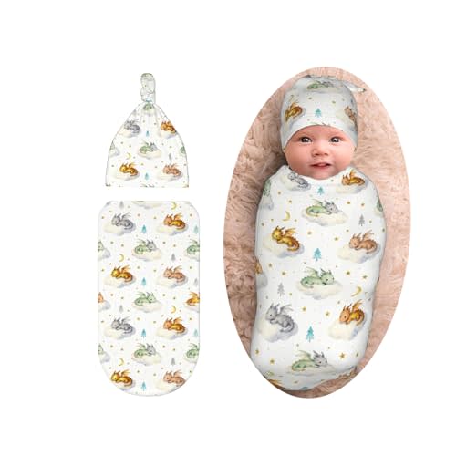 Cute Dragon Print Swaddle Blanket with Beanie Set, Cloud Moon Star Dragons Egg Newborn Swaddle Sack for Girls Boys Shower Infant Gifts