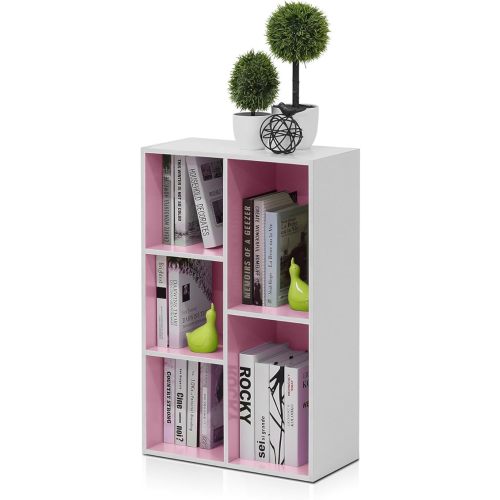 Furinno LUDER Book Shelf, 5-Cube Bookshelf, Reversible Bookcase, 9.4" x 19.5" x 31.5", for Living Room, Bedroom, Home Office, White/Pink
