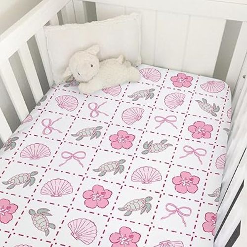 Boho Sea Turtles Seashells Bows Baby Crib Sheets for Girl Summer Turtles Tropical Flowers Soft Snug Fitted Crib Mattress Covers for 52''x28'' Standard Crib & Toddler Mattress Nautical Beach Bed Sheets