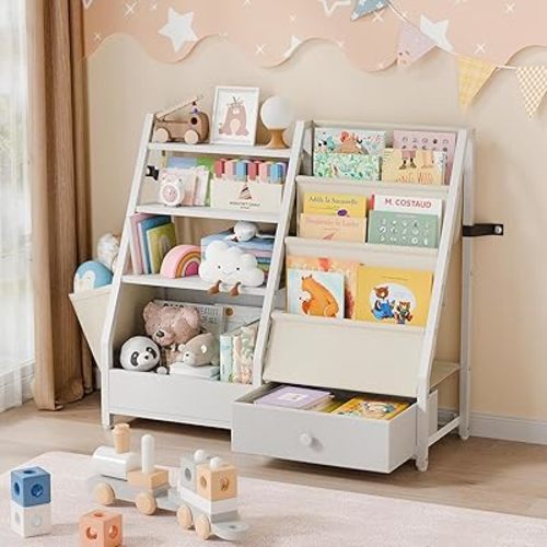 Kids Bookshelf and Toy Storage - Kid Book Shelf Toy Storage Organizer for Kids Rooms, Toddler Book Sling Shelf Baby Bookcase for Nursery, Rooms, Bedroom, Playroom, Montessori Toy Organizer