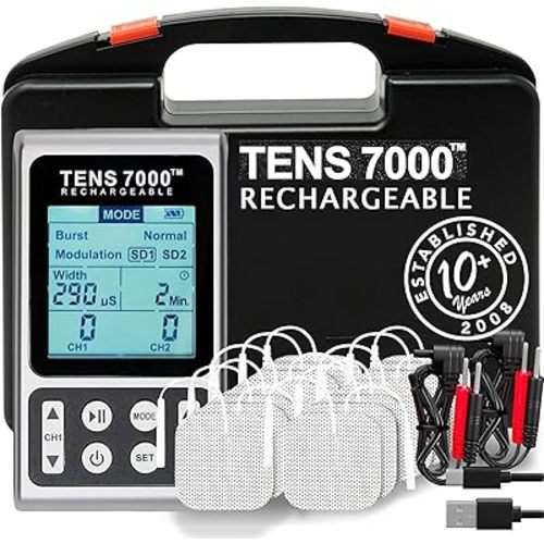TENS 7000 Rechargeable TENS Unit Muscle Stimulator, Includes 16 TENS Unit Pads, Pain Relief Device, Clinical Strength TENS Machine for Effective Back Pain Relief, Nerve Pain Relief, Muscle Pain Relief