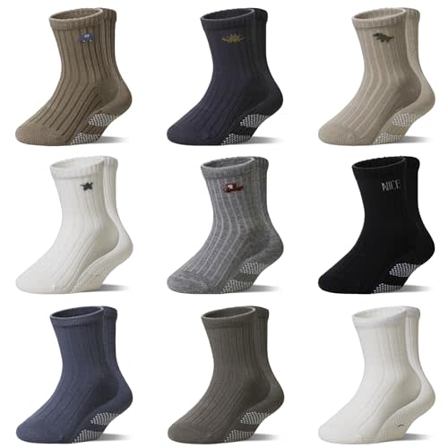 WEVIAS Baby Socks Toddler Grip Non Slip Cotton Crew Infant Boys Girls Anti Skid Socks 9 Pairs