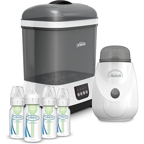Dr. Brown’s Clean Steam Baby Bottle and Pacifier Sterilizer and Dryer, Insta-Feed Bottle Warmer and Anti-Colic Options+ Baby Bottles 4 oz, 0m+ Level 1 Nipple, 4 Pack