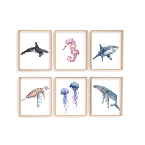 Watercolour Sea Creature Print Set | Underwater Ocean Nursery Prints | Nautical Nursery Decor | Ocean Animal Paintings