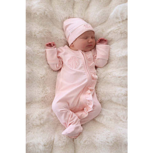 Picot Trim Bamboo Zipper Footie in Baby Pink | Caden Lane