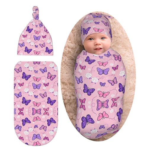 Butterfly Pink Baby Stuff Newborn Baby Swaddle Blanket with Beanie Hat,Swaddle Blanket Gifts for Infant Shower Boys Girls