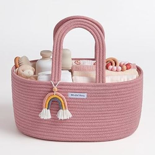 Blissful Diary Baby Diaper Caddy Organizer, Cotton Rope Diaper Caddy Basket, Oval Storage Basket, Gift for Baby Shower, Newborn Essentials, Pink