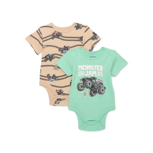 Monster Jam Baby Boys Graphic Bodysuits with Short Sleeves, 2-Pack, Sizes 0/3M-24M