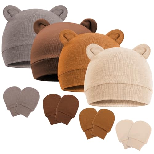 Newborn Baby Hat and Mittens Set Bear Ears Toddler Infant Beanie Caps Newborn Hospital Hat for Baby Boy Girl 0-3 Months
