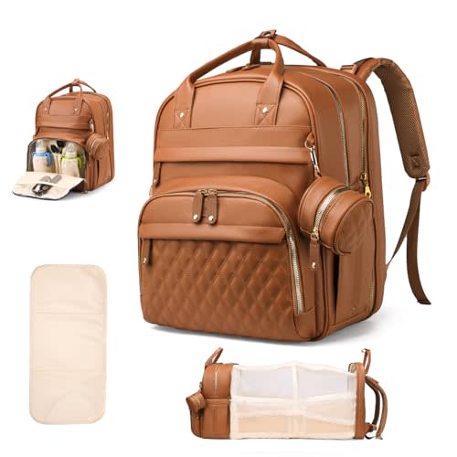 CESAILT Diaper Bag Backpack, Multifunction Waterproof Diaper Bag for Baby, with Diaper Changing Station, Newborn Essentials Must Haves, Baby Portable Bag, Unisex, Brown Vegan Leather