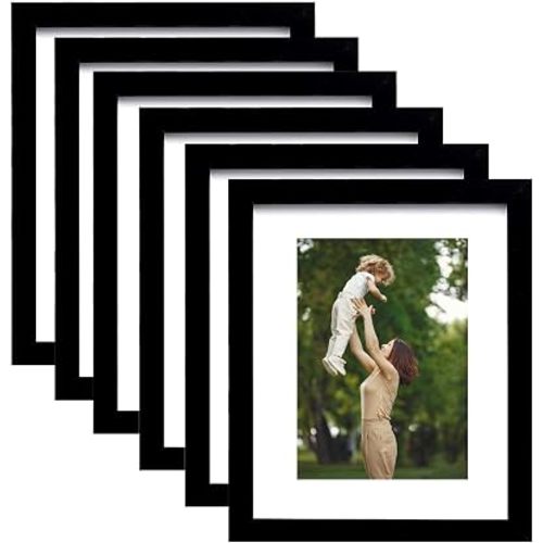 pojah 8x10 Picture Frame Set of 6,Black Photo Frame with Mat Display Pictures 5x7,PVC Glass,for Wall Home Office Décor (Black, 8X10)