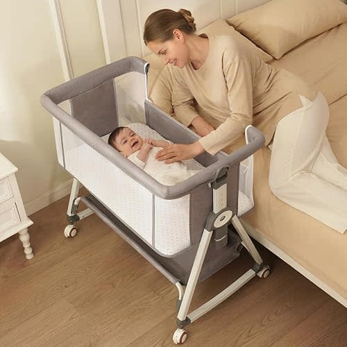KOLOIO Baby Bassinet for Newborns, Large Storage Basket, Breathable Mesh & Mattress, Easy Move Bedside Crib for Newborns with Lockable Wheels, 6-Adjustable Height Beside Bassinet