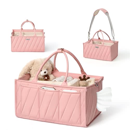 VKSAO Diaper Caddy Organizer for Baby Essentials – Soft Blush Pink Storage Basket with Compartments, Shoulder Strap & Stroller Hooks – All-in-One Multifunctional Diaper Storage Tote for Nursery & Car