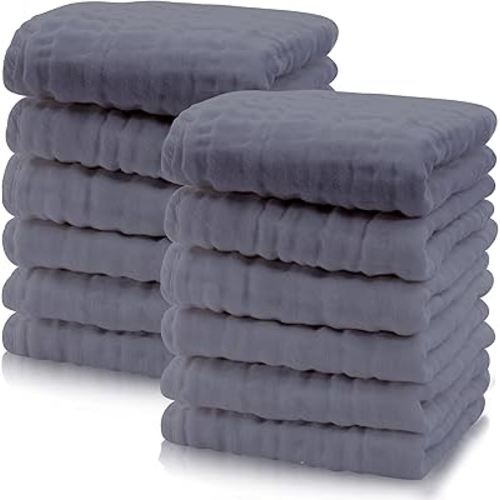 Cute Castle 12 Pack Muslin Baby Washcloths - Large 12'' by 12'' - Ultra Soft 100% Cotton - Super Absorbent Burp Cloths for Unisex, Boy, Girl -Grey