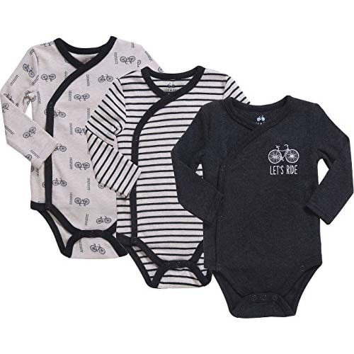 Baby Boy 3-Pack Long-Sleeve Kimono Bodysuit Set, Infant Boy Bundle Includes Charcoal Heather, Cream and Charcoal Stripes Outfit. 0-3 Months