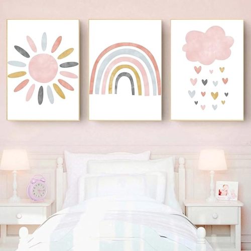 Recrtain Child Canvas Wall Art Pink Cartoon Cloud Sun Rainbow Wall Art Posters and Prints, Nursery Art Print Rainbow Canvas Painting Nordic Picture for Girls Baby Kids Room Decor Unframed
