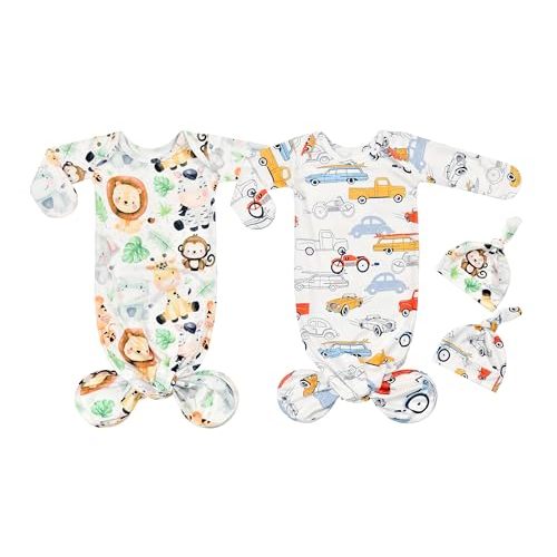 Terriboo Newborn Baby Boy Long Sleeve Sleeper Gown with Mittens Knotted Gown Coming Home Outfit Nightgown Hat Set 2 Pieces