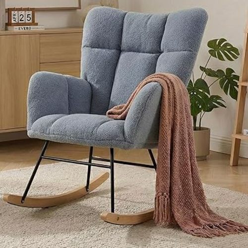 Nursery Rocking Chair, Teddy Upholstered Glider Chair with Thick Cushion, Tufted Gliding Rocker Chair with Wood Leg, Cozy Rocking Armchair, Accent Rocking Chair for Living Room (Blue)