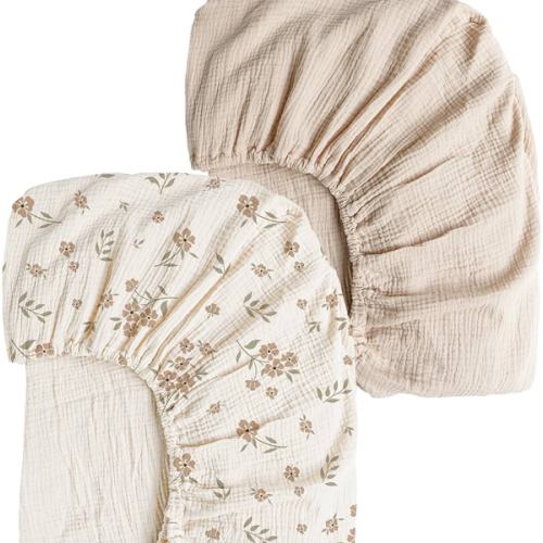 Konssy Muslin Crib Sheets for Girl Boy, 2 PCS Soft and Breathable Cotton Baby Sheets for Standard Crib Mattress, 52"x 28" (Blossom, Cream)